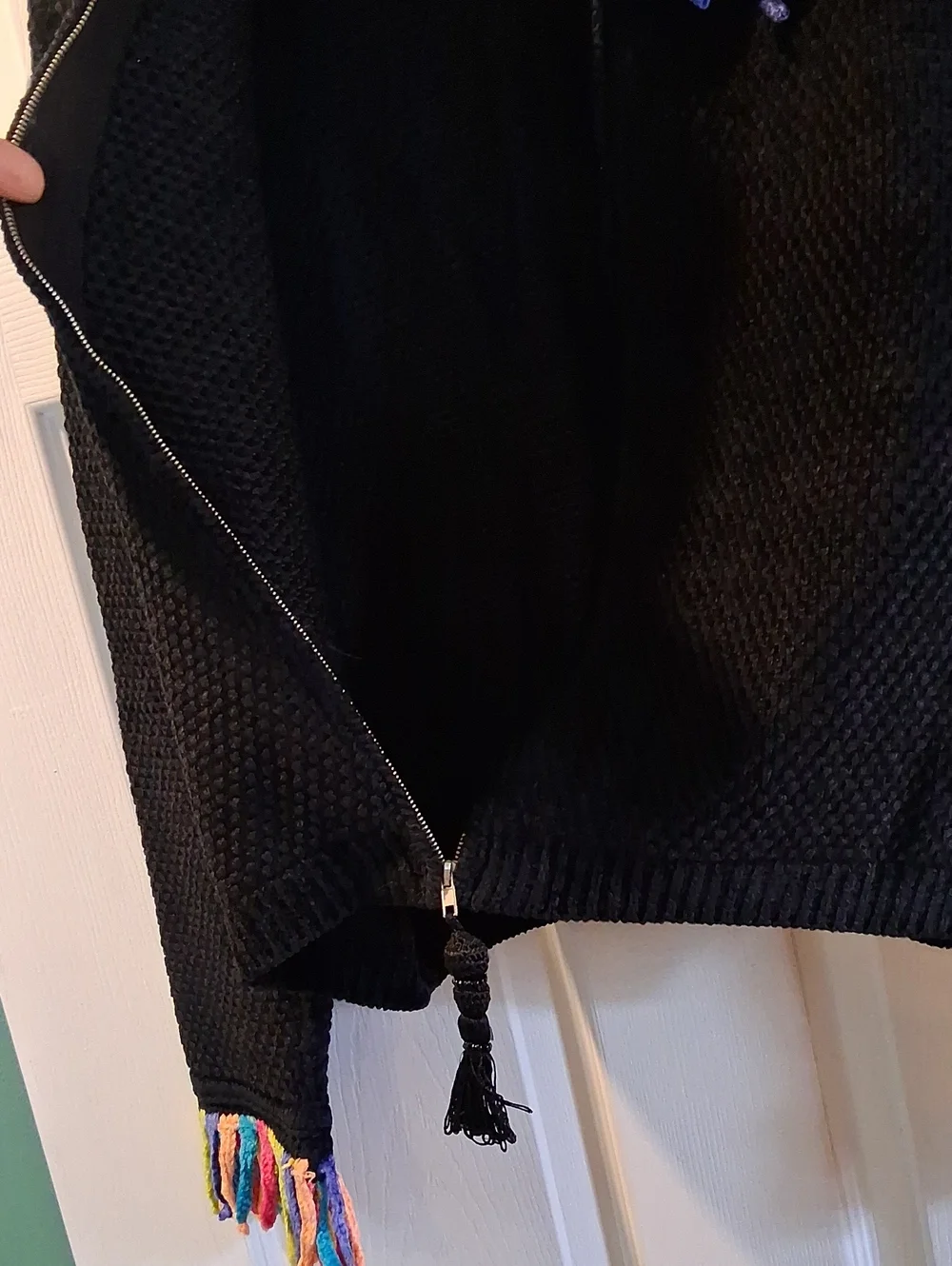 Berek Y2k Black Fuzzy Zip Up Jacket with Multicolor Fringe Trim VINTAGE